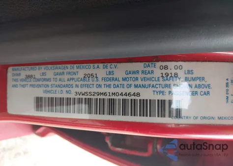 2001 Volkswagen Jetta Gls из США, поврежденный, VIN 3VWSS29M61M044648